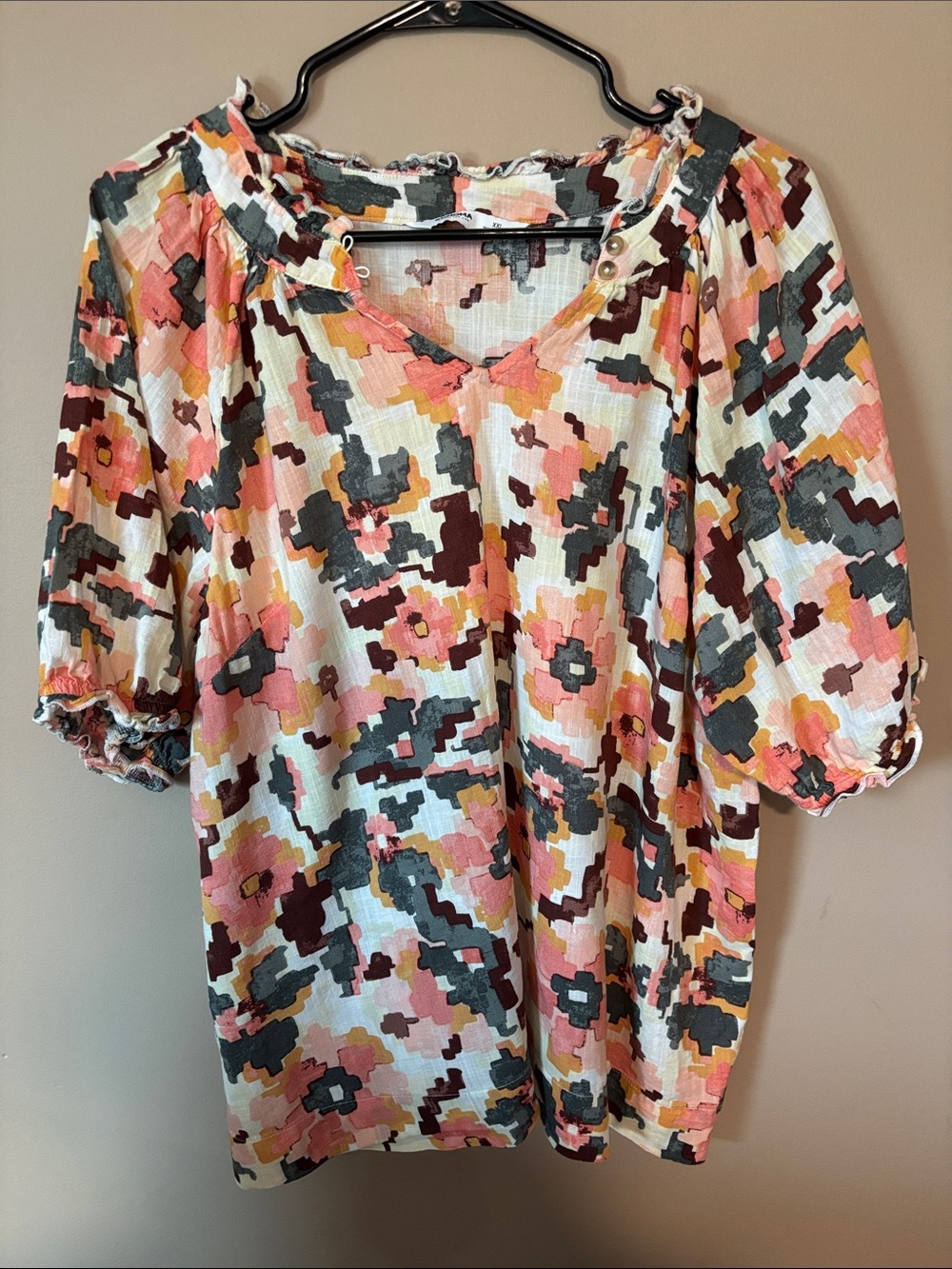 Sonoma Pink Multi Floral V-Neck Puff Sleeve Blouse